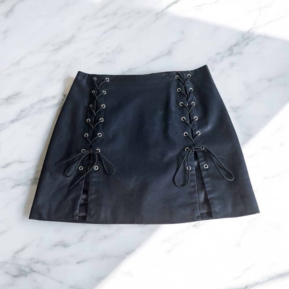 black leather tie up mini skirt forever 21 size small